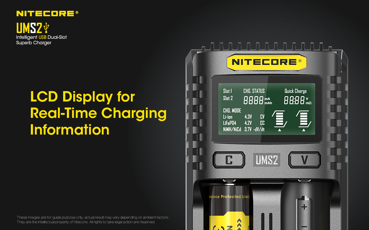 Chargeur Nitecore UMS2 pour batteries li-ion, IMR, LiFePO4, Ni-MH, Ni-Cd