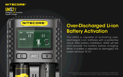 Chargeur Nitecore UMS2 pour batteries li-ion, IMR, LiFePO4, Ni-MH, Ni-Cd  NYCTALOPE  
