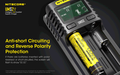 Chargeur Nitecore UMS2 pour batteries li-ion, IMR, LiFePO4, Ni-MH, Ni-Cd  NYCTALOPE  
