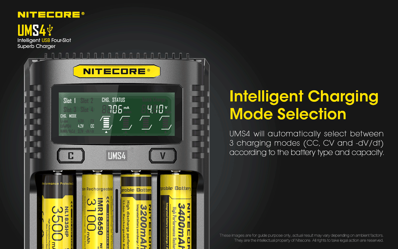 Chargeur Nitecore UMS4 pour batteries li-ion, IMR, LiFePO4, Ni-MH, Ni-Cd