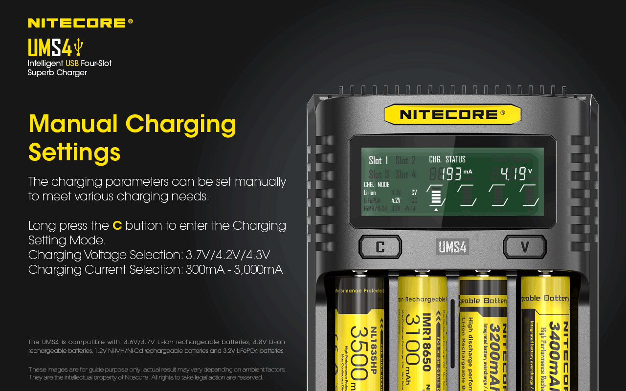 Chargeur Nitecore UMS4 pour batteries li-ion, IMR, LiFePO4, Ni-MH, Ni-Cd