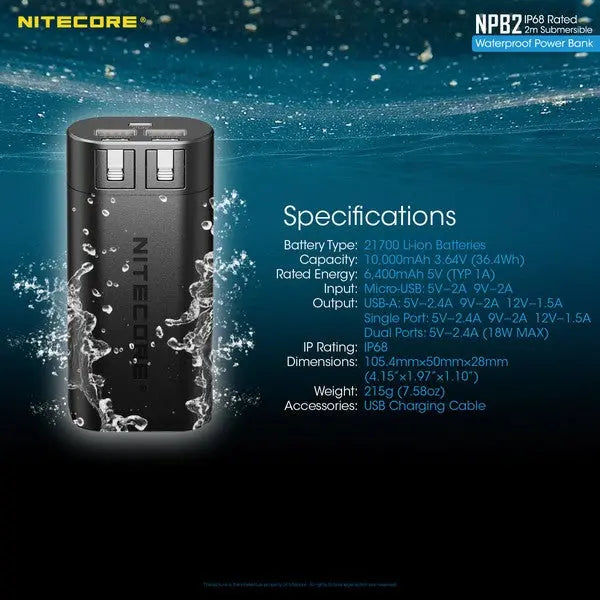 PowerBank Batterie Nitecore NPB2 – 10000mAh batterie externe frontale HU60  NYCTALOPE  